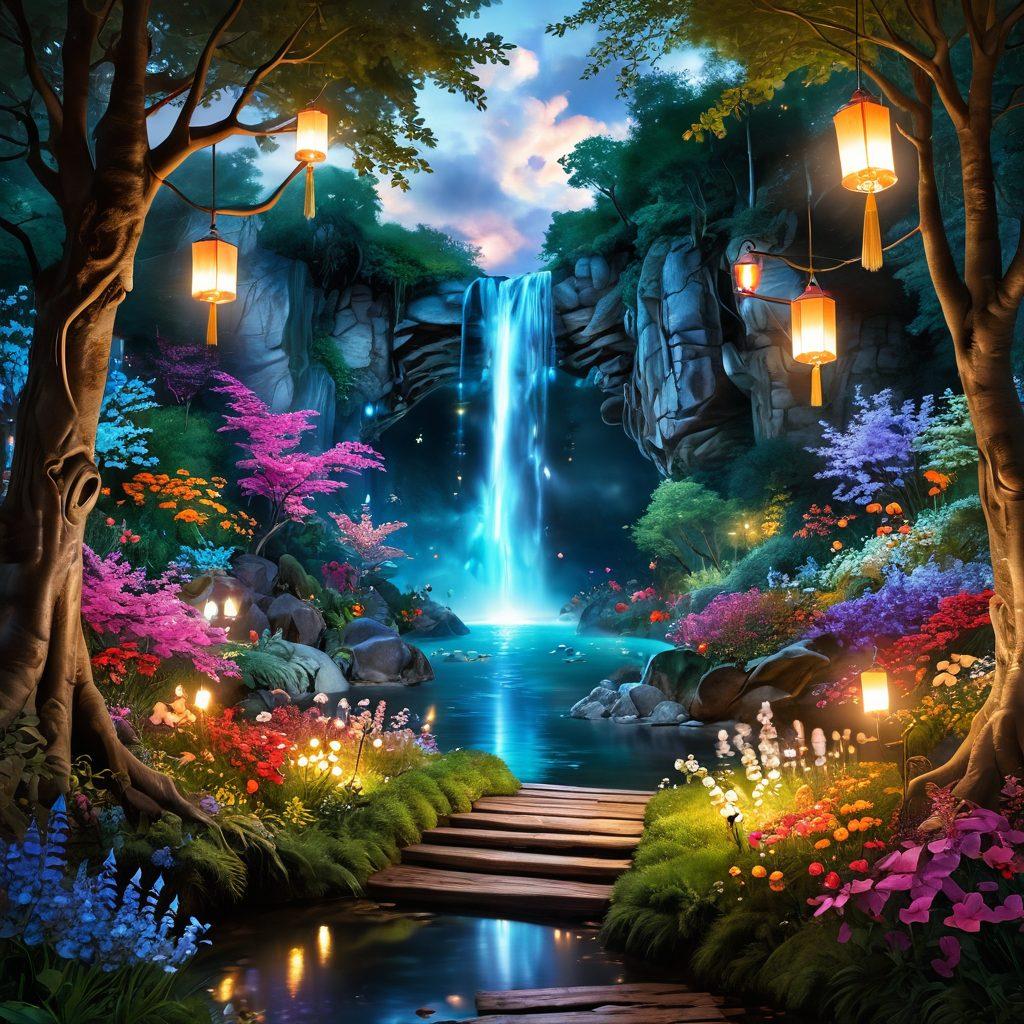 A whimsical landscape featuring a vibrant, enchanted forest filled with magical creatures, colorful flowers, and floating dream-like clouds. In the foreground, a path lined with glowing lanterns leads to a shimmering waterfall, symbolizing delightful journeys. Ethereal light filters through the trees, creating an atmosphere of wonder and desire. super-realistic. vivid colors. fantasy art.